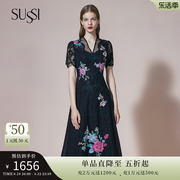 SUSSI/古色夏季商场同款黑色短袖气质复古刺绣连衣裙2202L2220