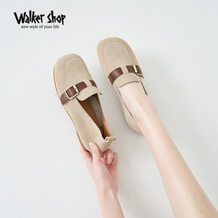 Walker Shop深口单鞋女2024年春反绒真皮女鞋一脚蹬平跟舒适鞋子