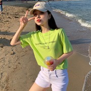 荧光色上衣女学生宽松韩版夏装半袖圆领简约字母体恤衫果绿色T恤