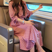 韩系风格穿搭气质名媛高端裙子超仙森系粉色长袖连衣裙女