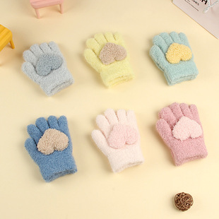 儿童手套冬季保暖加绒加厚五指，分指女孩，宝宝全指防寒爱心手套