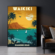 装饰画有框画挂画墙壁版画，复古怀旧海报，夏威夷风景海岛冲浪岛屿