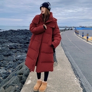 酒红色羽绒服女冬季2023韩系宽松中长款加厚保暖90白鸭绒(白鸭绒)外套