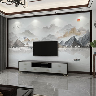 墙纸3d新中式唯美山水电视背景墙壁布客厅壁纸卧室墙布影视墙壁画