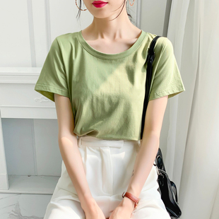 绿色大圆领短袖t恤女夏2023年纯棉宽松薄款体恤，半袖简约上衣
