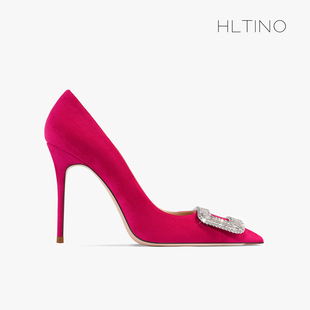hltino2024绒面尖头高跟鞋，女细跟婚鞋水钻方扣新娘，鞋大码单鞋
