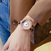 玫瑰金色镜面表带沙士满钻手表，黑皮女时尚，不锈钢石英钢带国产腕表