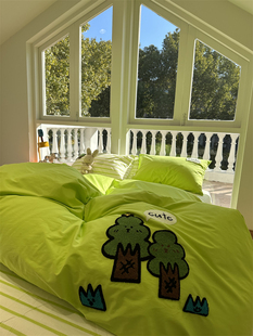 荧光绿小树毛巾绣床上纯棉四件套，1.5m1.8公寓全棉床单被套三件套