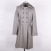 冬装淑女装灰色修身型长袖双排扣中长款通勤纯色毛领可卸羊毛大衣