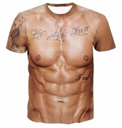 胸肌纹身t恤假肌肉腹肌，图案3d立体短袖个性，创意奇葩潮流夏季衣服