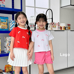 丢丢2024儿童夏装韩国童装女童蝴蝶结可爱简单短袖T恤L435