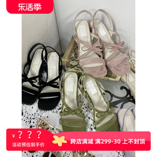 日系24夏季气质中跟3色凉鞋甜美细带，组合蝴蝶结粗跟舒适女鞋