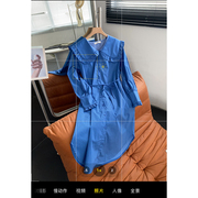 韩版蓝色条纹单排扣长袖连衣裙，娃娃领宽松中长裙时尚休闲洋气
