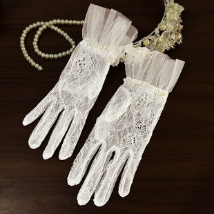 新娘婚纱手套复古蕾丝白色网纱蝴蝶结珍珠结婚礼服领证手套
