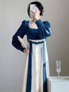 中式国风复古气质长袖，连衣裙女秋冬季收腰显瘦梨形，身材a字长裙子