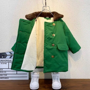 儿童军棉大衣加棉加厚中长款男童外套东北军绿棉衣加绒冬季宝宝??