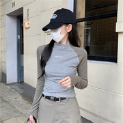 时尚韩版插肩袖设计短款撞色长袖T恤2024春季辣妹装显瘦上衣