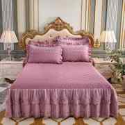 家纺全棉双层公主蕾丝纯棉床裙床单夹K棉加厚纯色床罩单件加棉