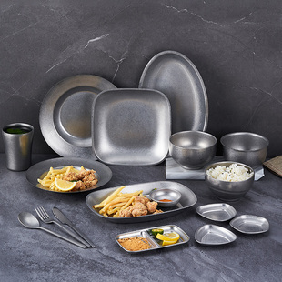 轻奢复古风碗碟套装家用户外碗盘创意不锈钢餐具美式西餐牛排盘子
