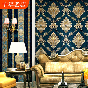 3d立体欧式花大马士革墙纸奢华卧室，客厅背景墙复古条纹家用墙壁纸