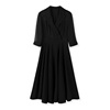 法拉鸣哥玛系列高腰中袖小黑裙优雅乔其纱，拼接黑色西装连衣裙