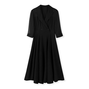 法拉鸣哥玛系列高腰，中袖小黑裙，优雅乔其纱拼接黑色西装连衣裙