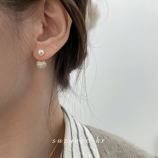 suzyacckr法式水钻珍珠爱心耳钉，2024年潮气质小众设计感耳饰