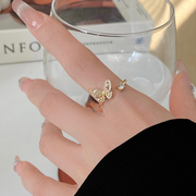 珍珠蝴蝶锆石开口戒指女可调节轻奢高级感小众设计食指指环时尚