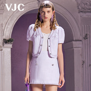 vjc威杰思春夏女装紫色，格纹短袖小香花边复古短款外套