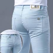 天蓝冰丝超薄牛仔裤男士，修身小直筒，潮牌百搭弹力裤子高端欧货夏季