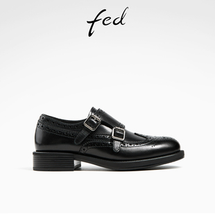 fed布洛克鞋春季女鞋，黑色小皮鞋，粗跟单鞋牛津鞋女d0411-zc355