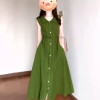 法式高级感绿色翻领背心连衣裙2024夏季设计感收腰度假超好看长裙