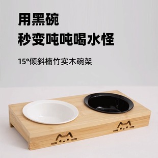 黑色陶瓷猫碗竹木碗架子防打翻饭碗单碗双碗三连碗猫食盆水碗多猫