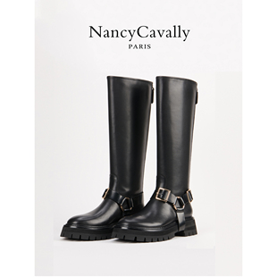nancycavally嵿级头层小牛皮，经典两穿整皮靴筒厚底真皮马靴长靴