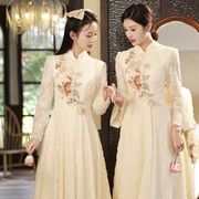 中式伴娘服香槟色春款2023长袖婚礼姐妹服伴娘团长款礼服裙女