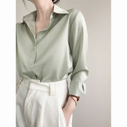 雪纺衫法式感绿色缎面长袖衬衫，女春夏通勤衬衣设计感雪纺上衣