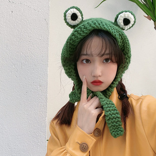 秋冬大眼睛青蛙帽头套，手工护耳发带，帽韩版绿色可爱史莱克针织毛线