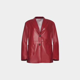 superr复古时装高级质感，油蜡光泽宽松廓形深红色翻领皮西装外套