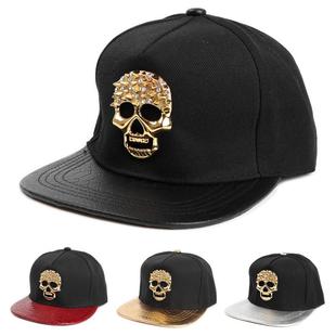 欧美嘻哈帽金属骷髅头平沿帽子，蛇皮纹帽檐，潮牌街舞棒球帽潮