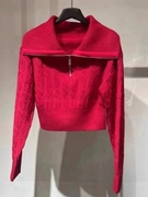 CHAO级！新年战袍红色毛衣秋冬季短装拉链翻领上衣女秋冬季