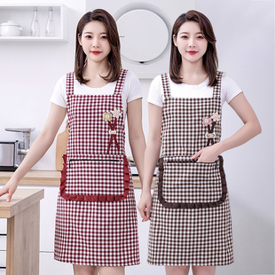 韩版女时尚加厚棉布透气围裙，家用厨房做饭工作服，无袖格子背带围腰