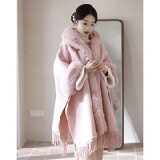 粉色披肩秋冬季旗袍外搭设计感毛呢加绒加厚办公室开衫外套女斗篷