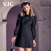 VJC/威杰思春夏女装黑色花高腰时尚链条修身长袖连衣裙