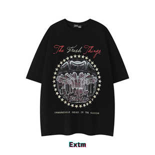 EXTM夏季嘻哈潮牌设计感旋转木马短袖男女宽松慵懒风vibe重磅T恤