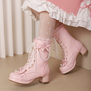女童粉色高跟鞋儿童粗跟马丁靴冬季加绒公主风短靴2023靴子
