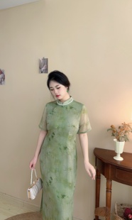 自制款大码胖mm金丝，高贵绿色显白新中式旗袍连衣裙200斤