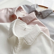 秋冬装蕾丝花边娃娃领纯棉加绒长袖白色衬衫简约打底百搭加厚衬衣