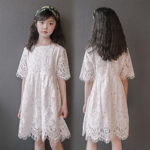 夏装女童蕾丝连衣裙韩版儿童米白色，短袖洋气公主中大女孩裙装