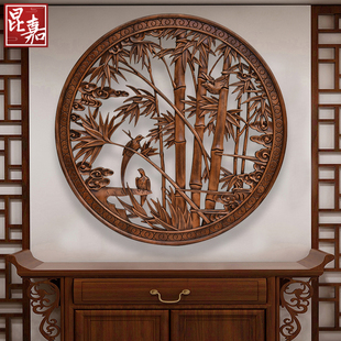 东阳木雕挂件香樟木圆形实木镂空雕刻中式仿古客厅玄关背景墙壁挂