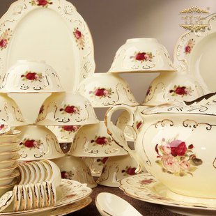 美瓷工坊欧式餐具碗碟套装，56头陶瓷碗盘家用瓷器，结婚嫁妆乔迁礼盒